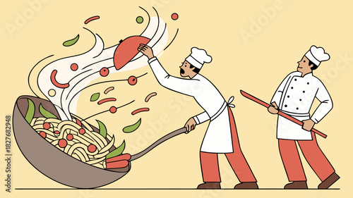 Chefs preparing delicious food in a restaurant kitchen