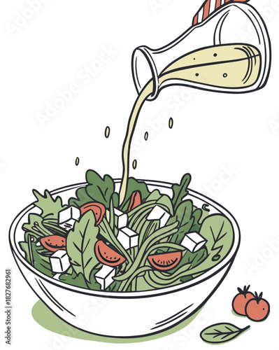 Salad with dressing being poured from a jar