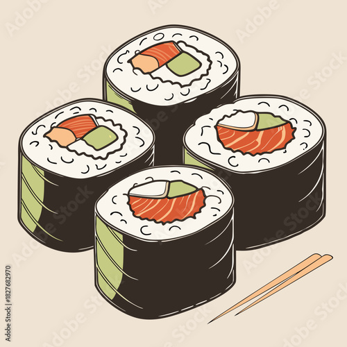 Delicious sushi rolls with chopsticks, close up view 