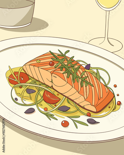 Delicious gourmet salmon dish with spaghetti and a glass of wine