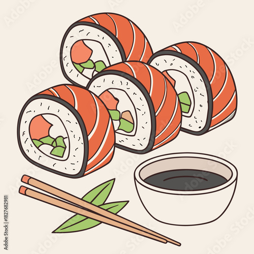 Sushi rolls with dipping sauce, Japanese Cuisine illustration