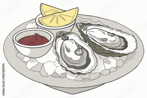 Gourmet seafood oysters on plate with lemon wedges and sauce