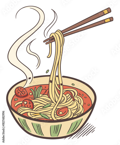 Steaming bowl of noodles, with chopsticks