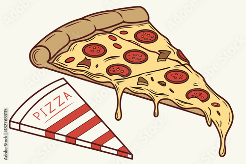 Delicious slice of pepperoni pizza with cheese and pizza box