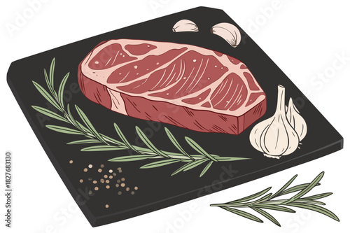 Delicious raw steak with rosemary, garlic, and peppercorns on a cutting board