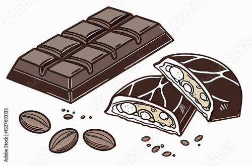 Delicious chocolate bar, cocoa beans and chocolate pieces, gourmet dessert food, cutted pieces