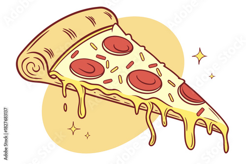 Delicious slice of pizza with cheese and pepperoni, cartoon style