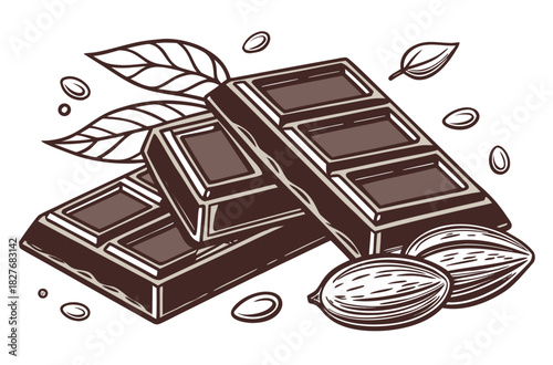 Dark Chocolate bars with cocoa beans illustration