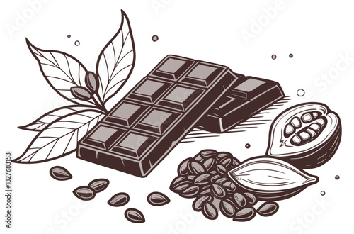 Dark chocolate bars with cacao beans and cocoa pod illustration