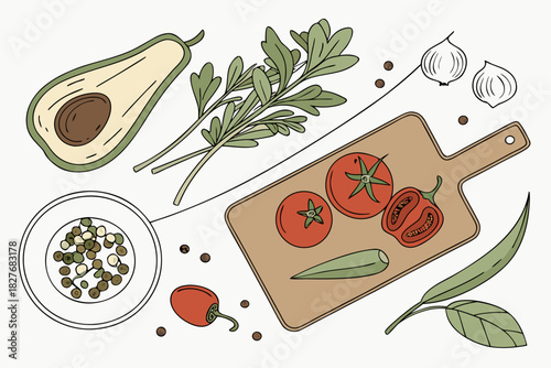 Freshly prepared food ingredients on wooden board and in bowl