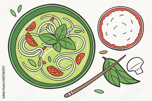 Freshly prepared Green Curry and Rice dish with chopsticks