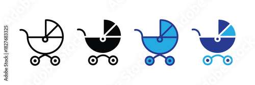 Collection of stylized baby stroller icons in outline, solid black, and blue color variations, representing modern design elements for parenting and infancy themes.