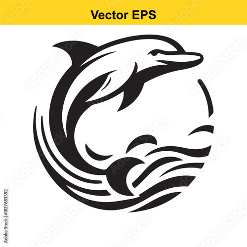 Black and white vector graphic of a dolphin jumping in a circular wave design