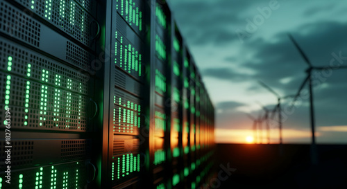 Experience the future with this dynamic server room featuring advanced technology and wind turbines, symbolizing sustainable energy and innovation for a greener planet