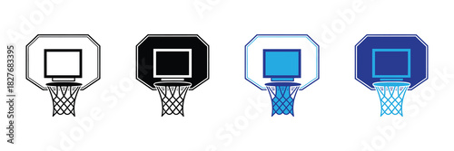 Collection of four basketball hoop icons with different designs and colors, representing sport and competition in graphic design elements.