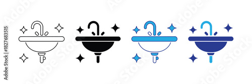 Set of four clean sink icons with faucet and sparkling effects, presented in line art, solid black, blue and white, and solid blue styles for versatile design use.