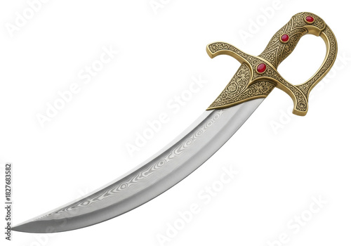 Konstfotografi Isolated Damascus steel scimitar sword with golden hilt, medieval weapon with je