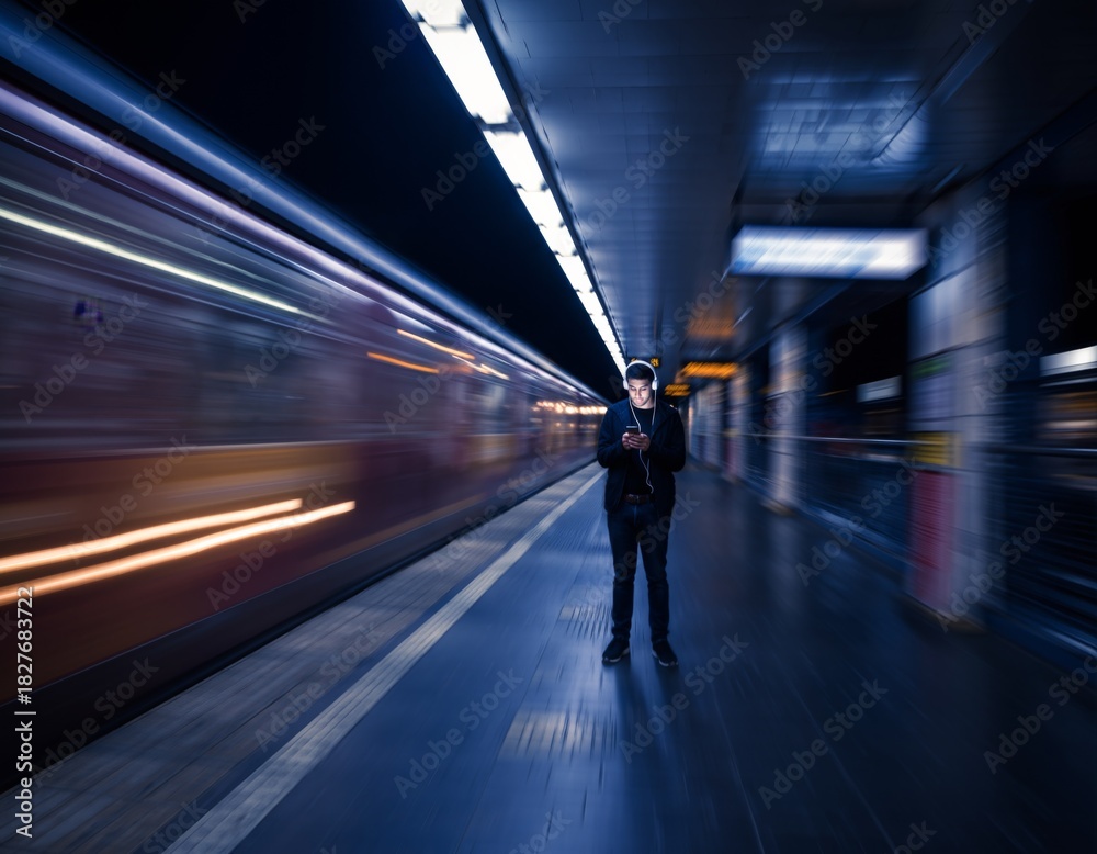 Obraz premium Person Standing Subway Platform Night Looking Smartphone Solitude