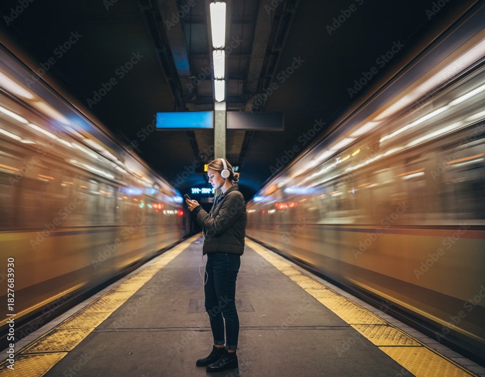 Obraz premium Person Standing Subway Platform Night Looking Smartphone Solitude