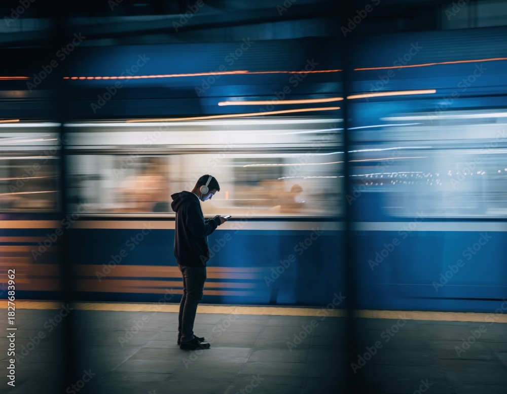 Fototapeta premium Person Standing Subway Platform Night Looking Smartphone Solitude