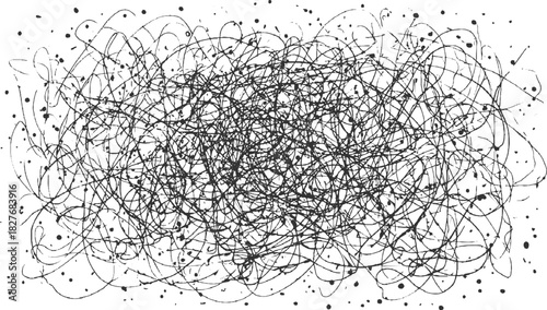 Black ink splatters and chaotic scribbles on white background abstract