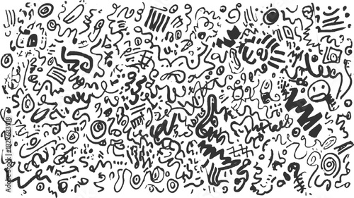 Black ink doodles and abstract shapes on white background bold