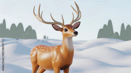 Cute Cartoon Deer Standing in Winter Snowy Landscape — 3D Illustration
