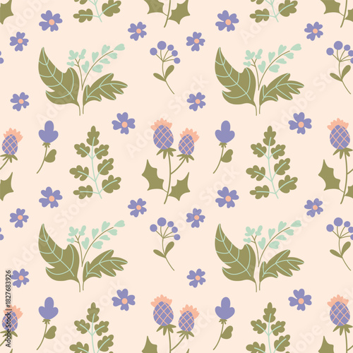 Flat blue flowers and green branches. Beautiful spring floral vector pattern. Easter seasonal festive folk wallpaper.