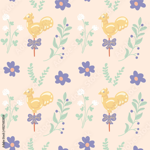 Blue and white flowers, sweets, and a cockerel lollipop. Beautiful spring floral vector pattern. Easter seasonal festive folk wallpaper.