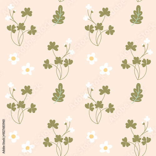 A beautiful spring floral vector folk pattern. White daisies and green clover print. Nature plant bloom wallpaper. Delicate calm Easter color palette. Milky white background.
