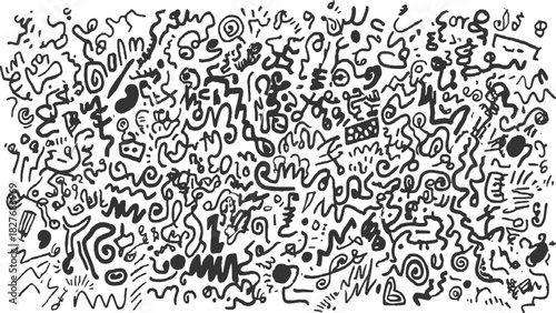 Black ink abstract doodle patterns on white background with swirls lines dots and shapes vector