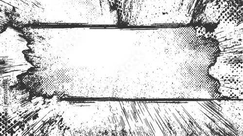 Black and white distressed grunge frame with halftone dots and lines border