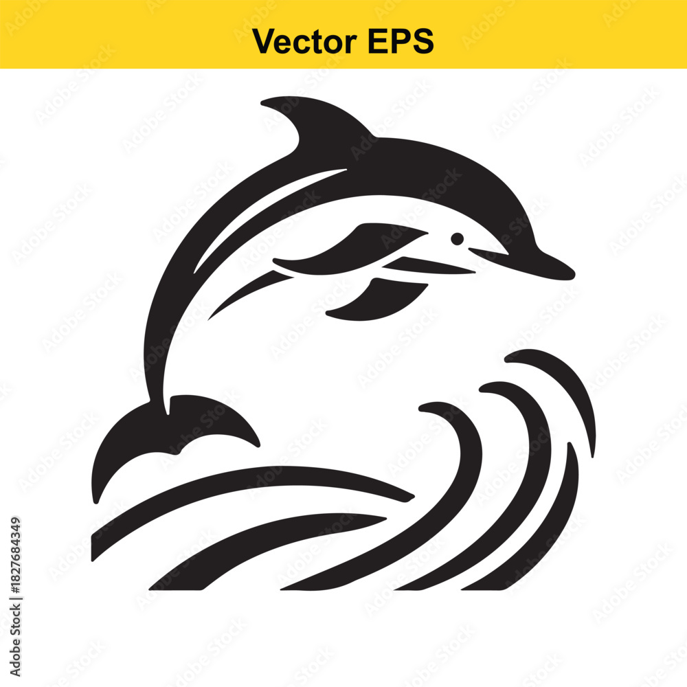 Naklejka premium Black and white vector silhouette of a dolphin jumping over ocean wave isolated on white background