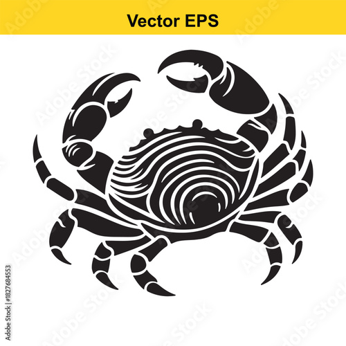 Black and white vector illustration of a crab with detailed shell pattern isolated on white background