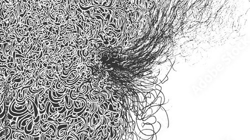 Black and white abstract organic swirling lines texture with scattered dots and strands pattern