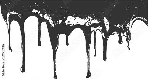 Dark grey liquid dripping down from top edge with textured surface and white background black