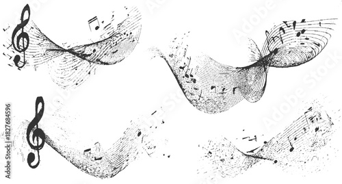 Black treble clef and musical notes forming abstract wavy lines on white background symbol