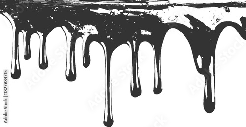 Dark gray liquid dripping down from a textured horizontal surface against a white background abstract