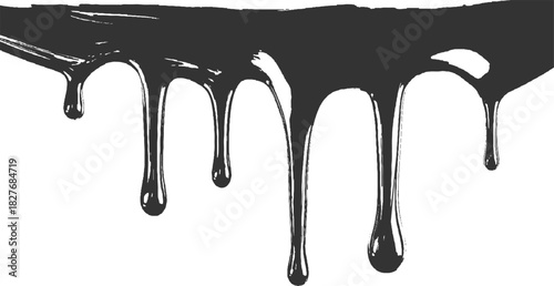 Dark liquid dripping from a textured brush stroke on white background black drop