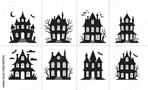 A collection of spooky haunted house silhouettes with Halloween elements on a white background.