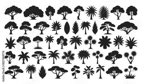 A diverse collection of black tree and plant silhouettes for natural and graphic design themes.