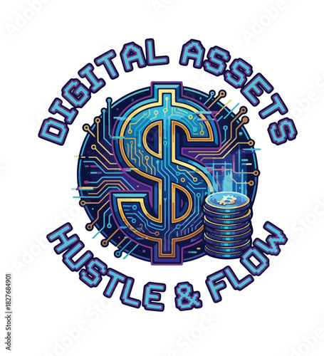 A stylized dollar sign with circuit board patterns and a Bitcoin stack, symbolizing digital assets and crypto finance.