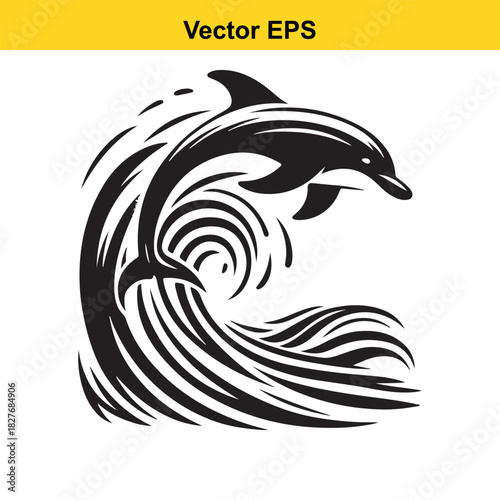 Black and white vector illustration of a dolphin jumping through a stylized ocean wave
