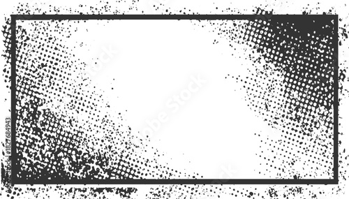 Black and white distressed halftone dot border with rectangular frame abstract background