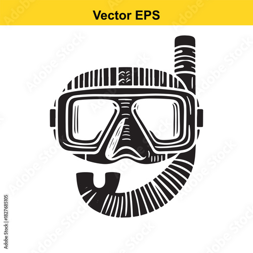 Black and white vector illustration of a diving mask and snorkel isolated on white background