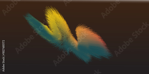 An abstract, dark digital background featuring a dynamic, volumetric, and wing-like or brushstroke-shaped form, composed of dense, fine, short, and textured radiating lines, exhibiting a vibrant color