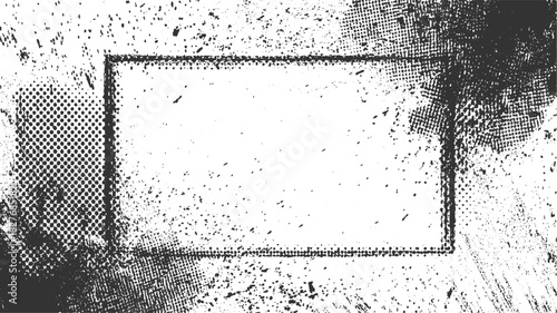 Black ink splatter and halftone dots forming a distressed rectangular frame on white background grunge