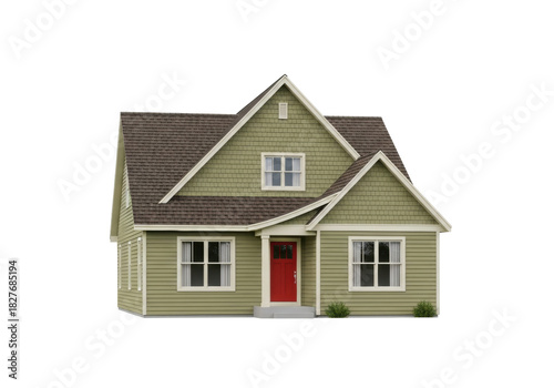 Isolated front view of a classic suburban house with green walls and a brown roof in daytime