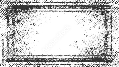 Black and white distressed halftone rectangular frame with textured border and scattered dots vector