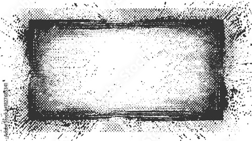 Black ink splatter distressed rectangular frame with halftone dots and grunge texture white